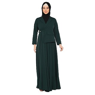 Premium Coat Pattern Abaya in Firdaus Fabric- Bottle Green